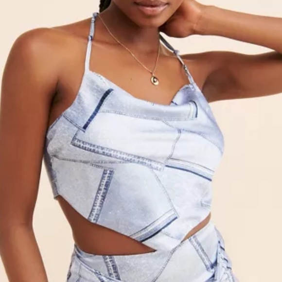 4th + Reckless Denim Print Cowl Neck Silk Top - Size S - Picture 2 of 6